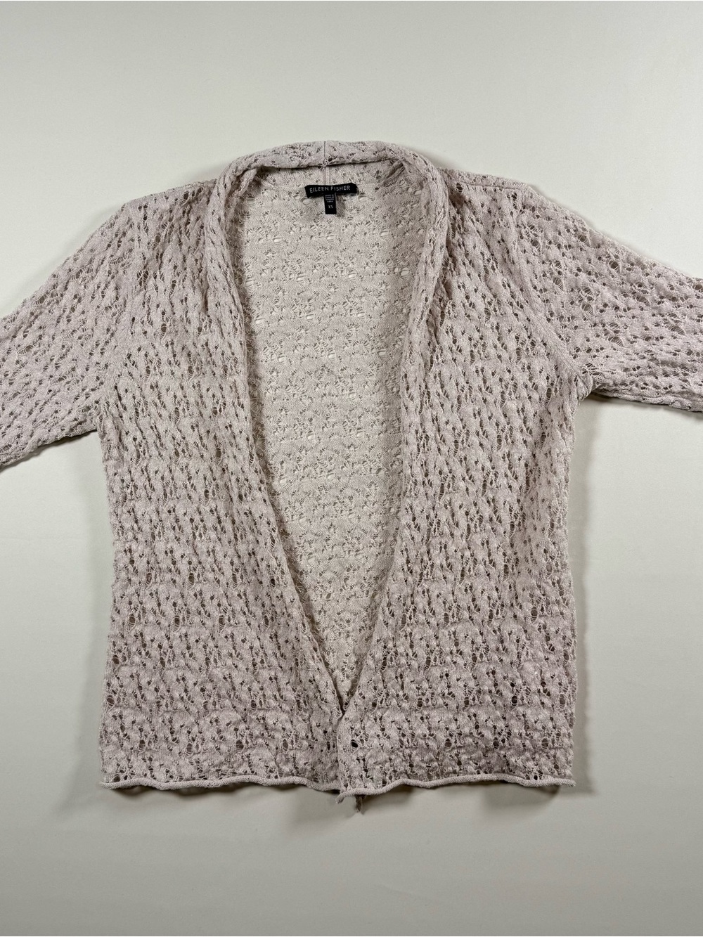 Eileen Fisher 100% Wool Boho Open Knit Cardigan XS Neutral Quiet Luxury Crochet